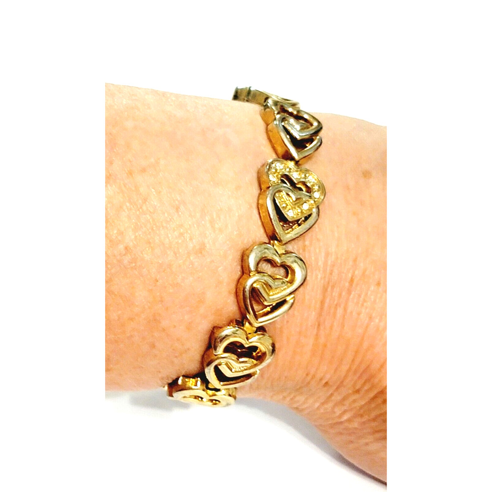 Double Heart Link Bracelet 7"‎ Rhinestones Gold-tone Romantic Jewelry gbr-46